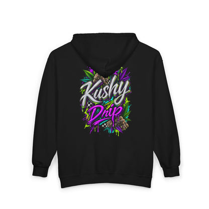 Kushy Drip Graphic Zip Hoodie — Cannabis-Inspired Streetwear